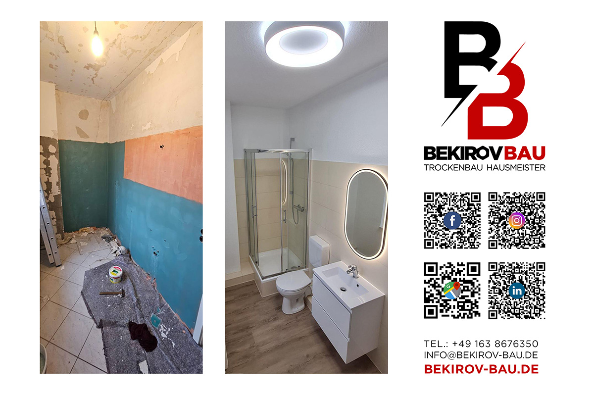 Badezimmer vor und nach kompletter Renovierung mit Fliesen, Laminat und neuer Sanitärinstallation