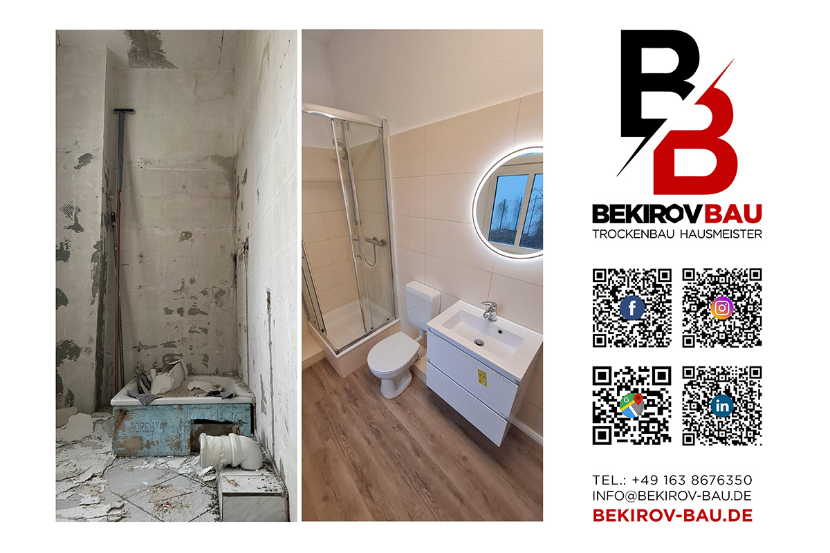 Badezimmer vor und nach kompletter Renovierung mit Fliesen, Laminat und neuer Sanitärinstallation