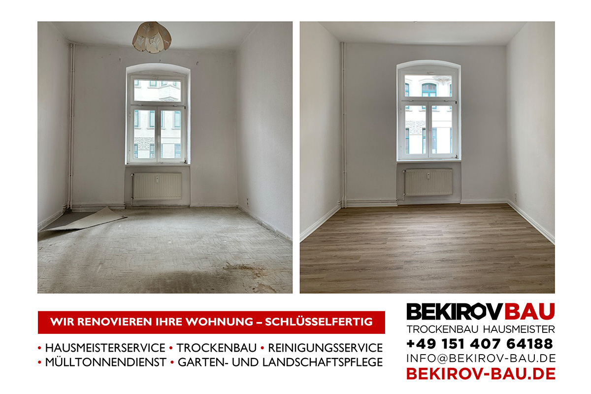 Wohnzimmer vor und nach Laminatverlegung und Wandmalerei