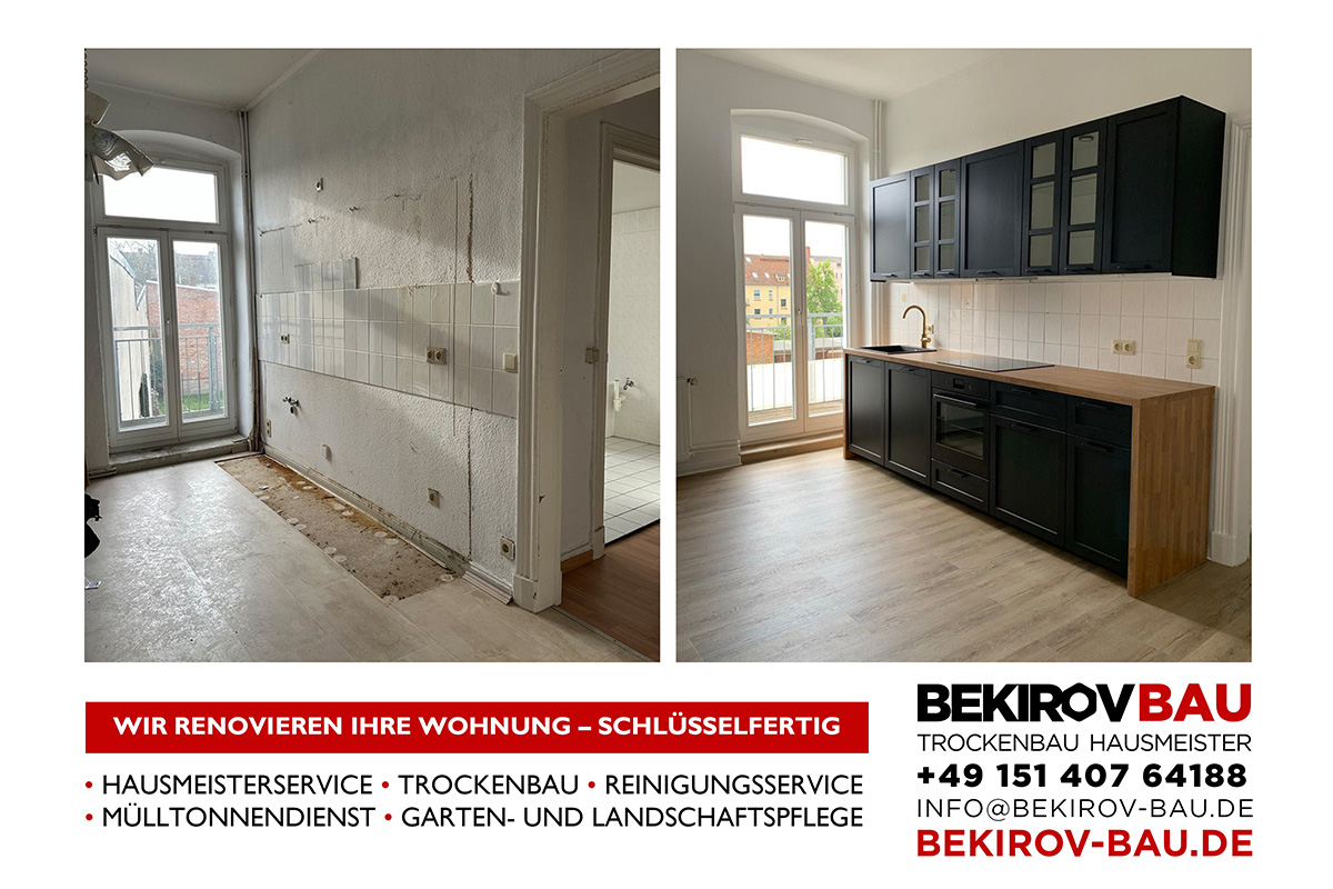 Küche vor und nach Renovierung mit neuem Laminat und frischer Wandfarbe