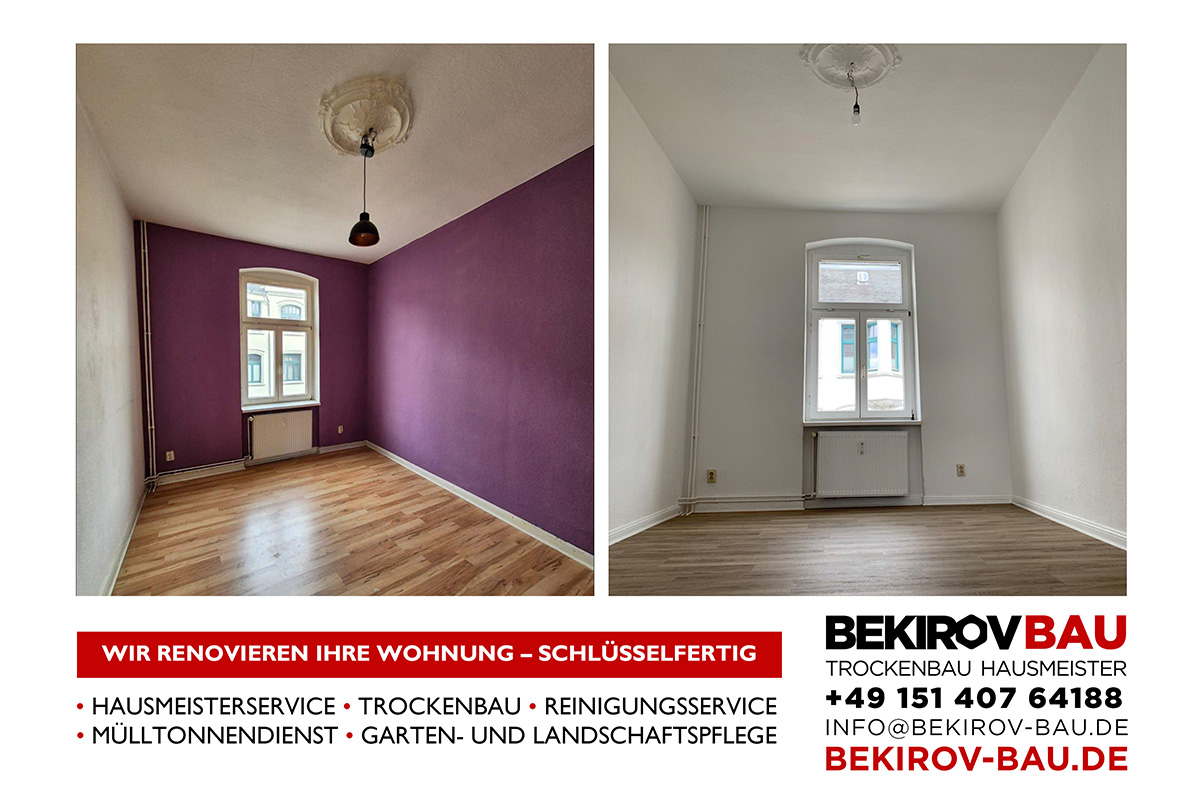 Wohnzimmer vor und nach Laminatverlegung und Wandmalerei