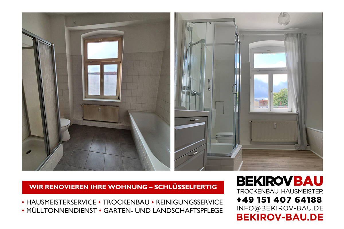 Badezimmer vor und nach Renovierung mit Vinylboden, Duschkabine und Anstrich