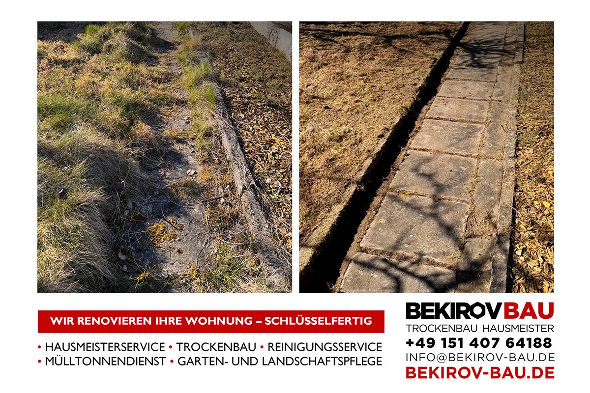 Gartenweg vor und nach Reinigung und Rasenpflege