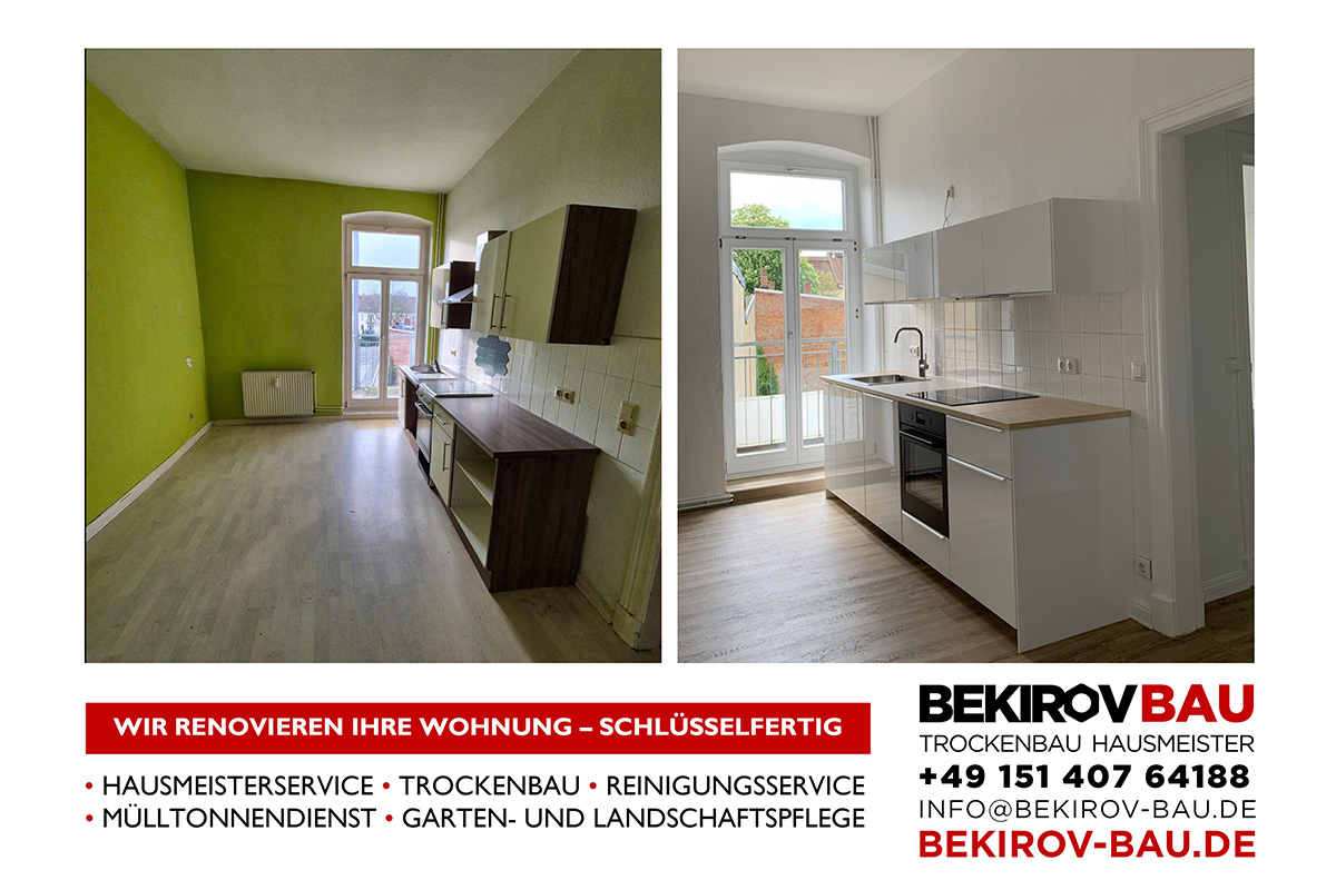 Küche vor und nach Fliesentausch, Wand- und Deckenanstrich, neue Lampe
