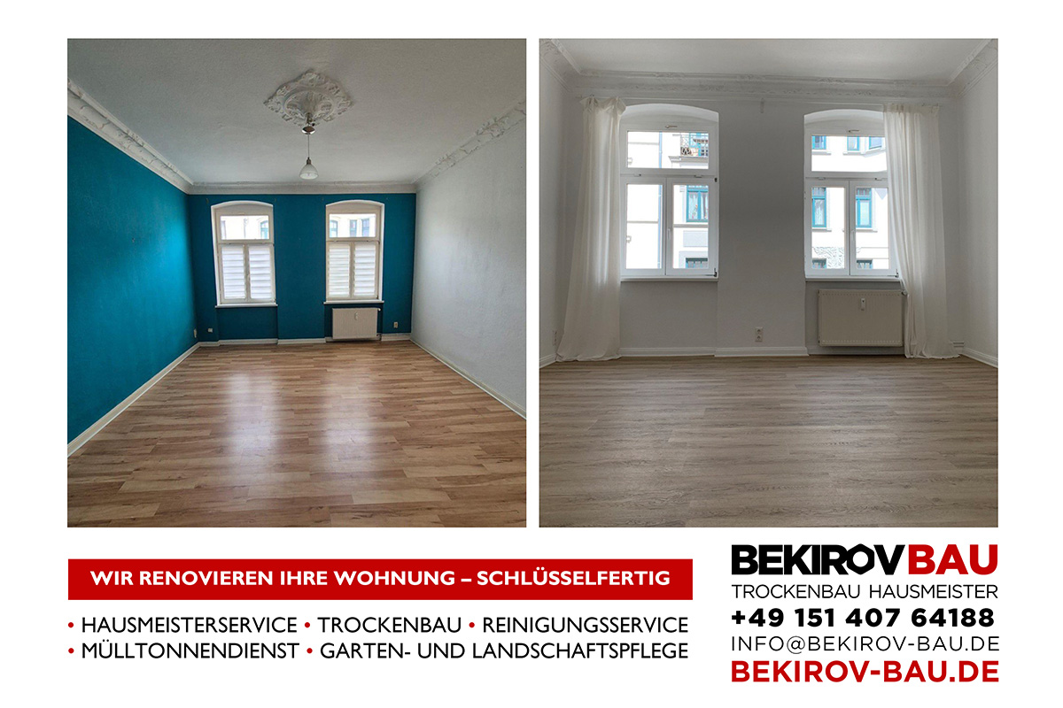 Zimmer vor und nach Renovierung mit Laminat und Anstrich