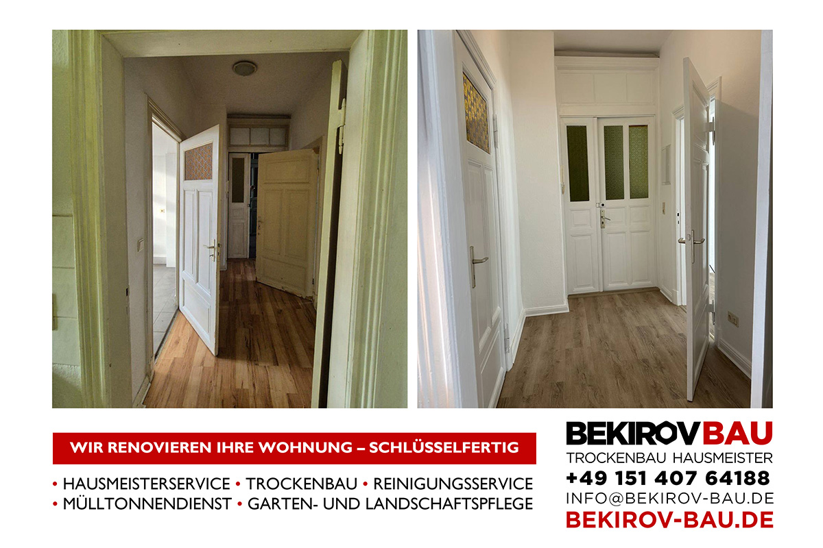 Wohnungskorridor vor und nach Laminatverlegung und Wand- sowie Türanstrich