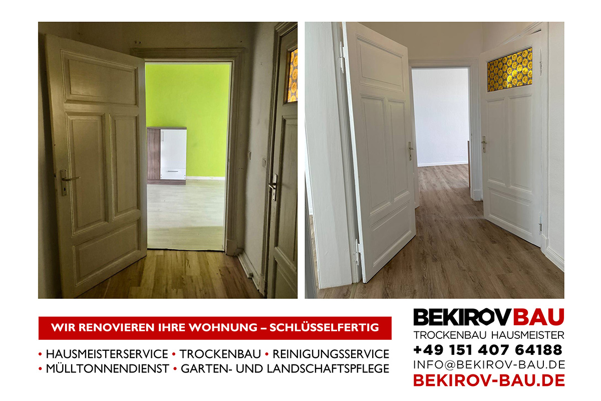 Wohnungskorridor vor und nach Laminatverlegung und Wand- sowie Türanstrich